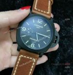 Clone Panerai Luminor GMT PAM 320 Black Steel Watch with Brown Leather Strap
